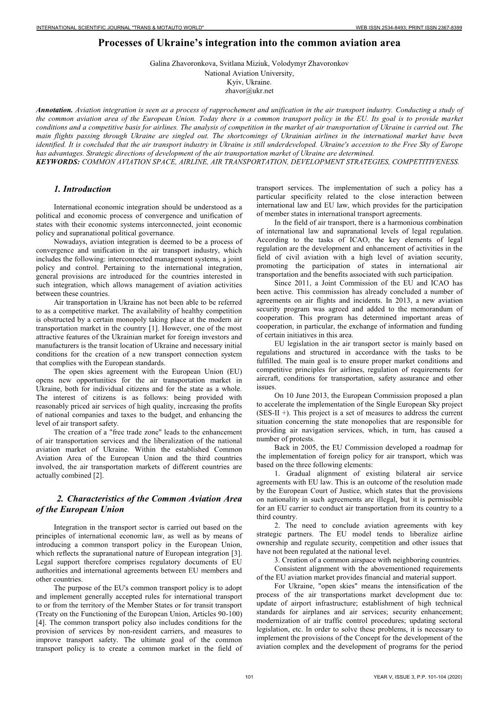Processes of Ukraine's Integration Into the Common Aviation Area