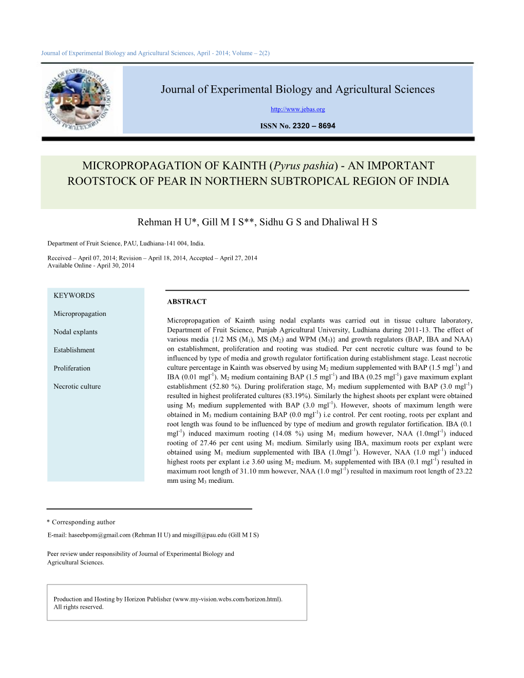 MICROPROPAGATION of KAINTH (Pyrus Pashia) - an IMPORTANT ROOTSTOCK of PEAR in NORTHERN SUBTROPICAL REGION of INDIA