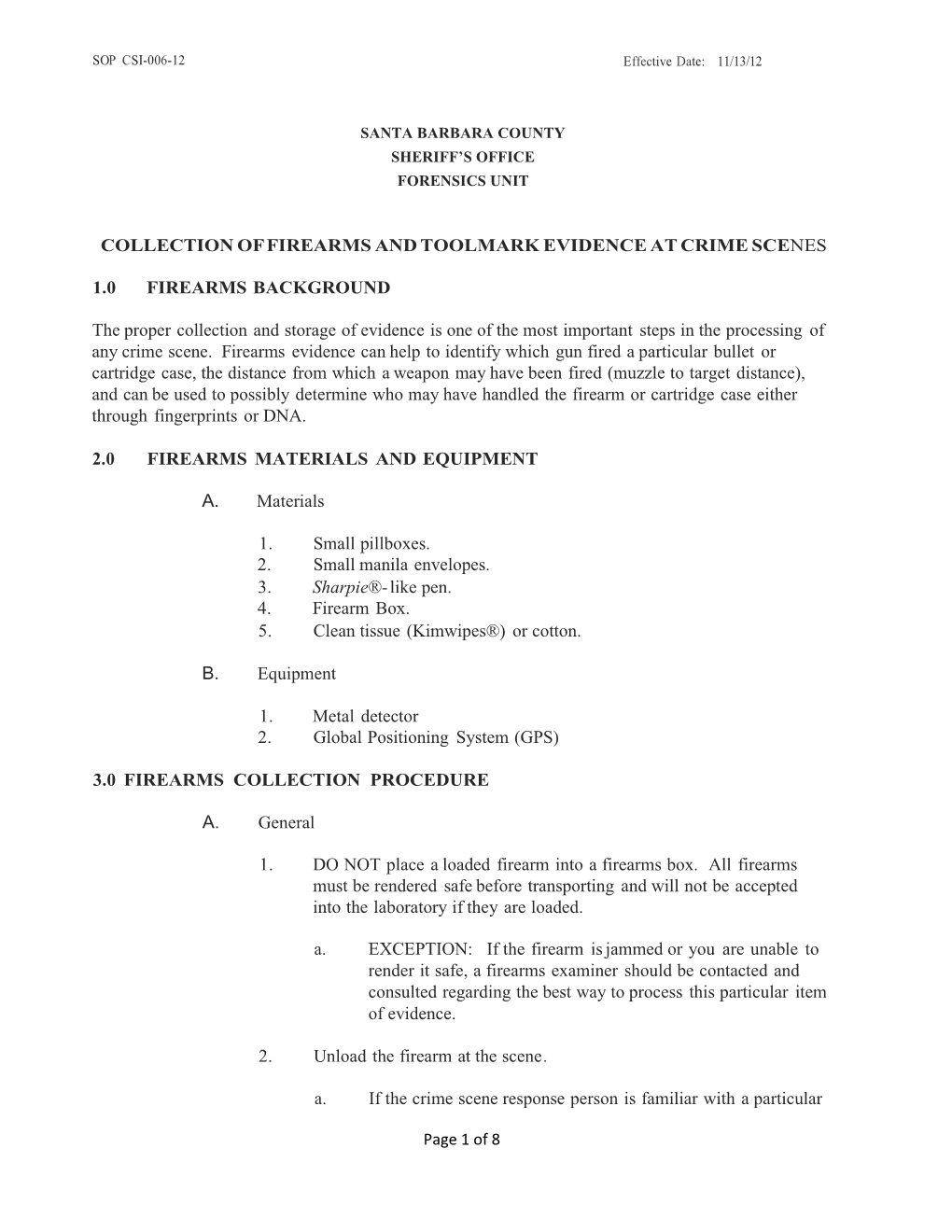 SOP CSI-006-12 Firearms and Toolmarks Evidence Collection