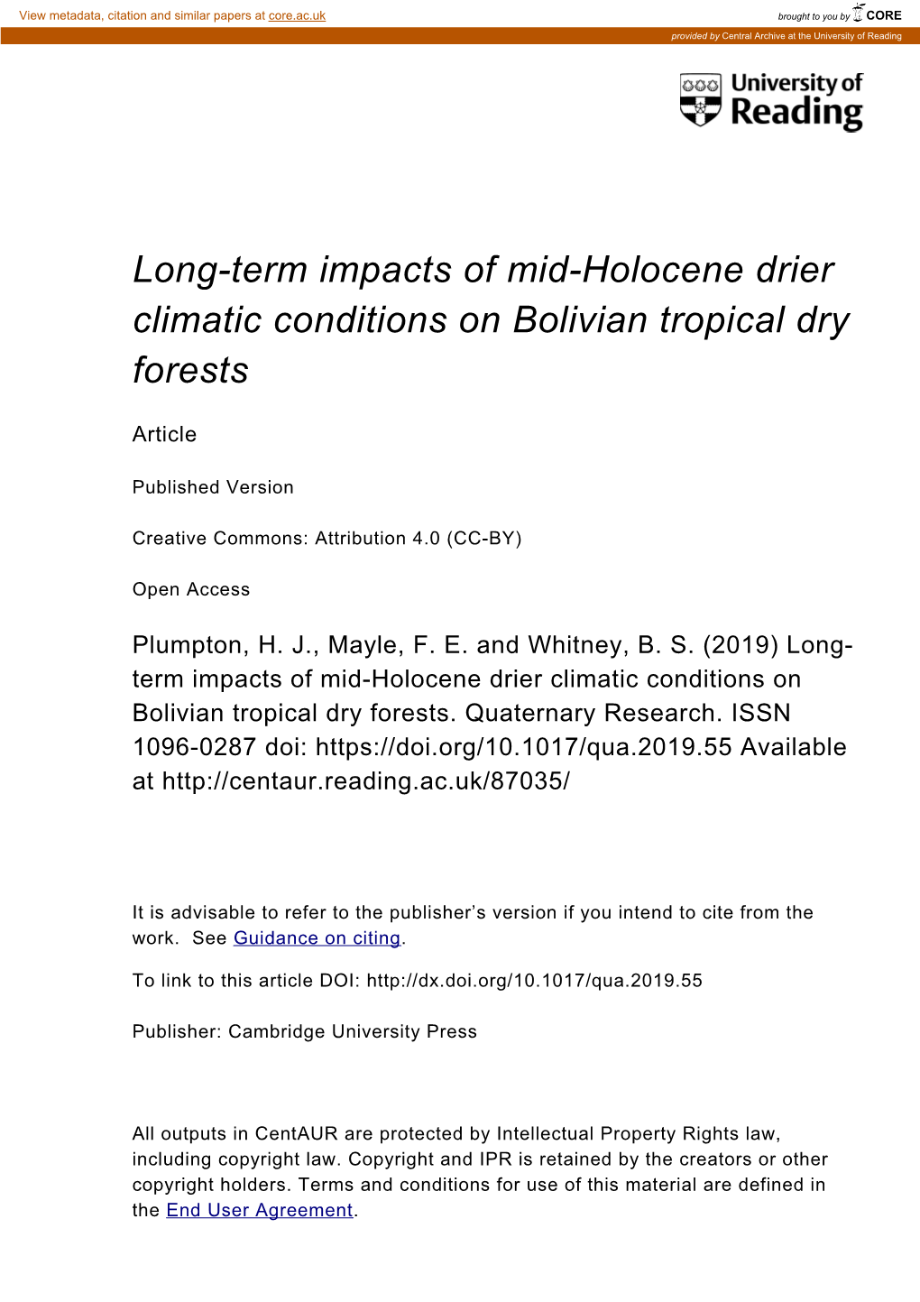 Long-Term Impacts of Mid-Holocene Drier Climatic Conditions on Bolivian Tropical Dry Forests