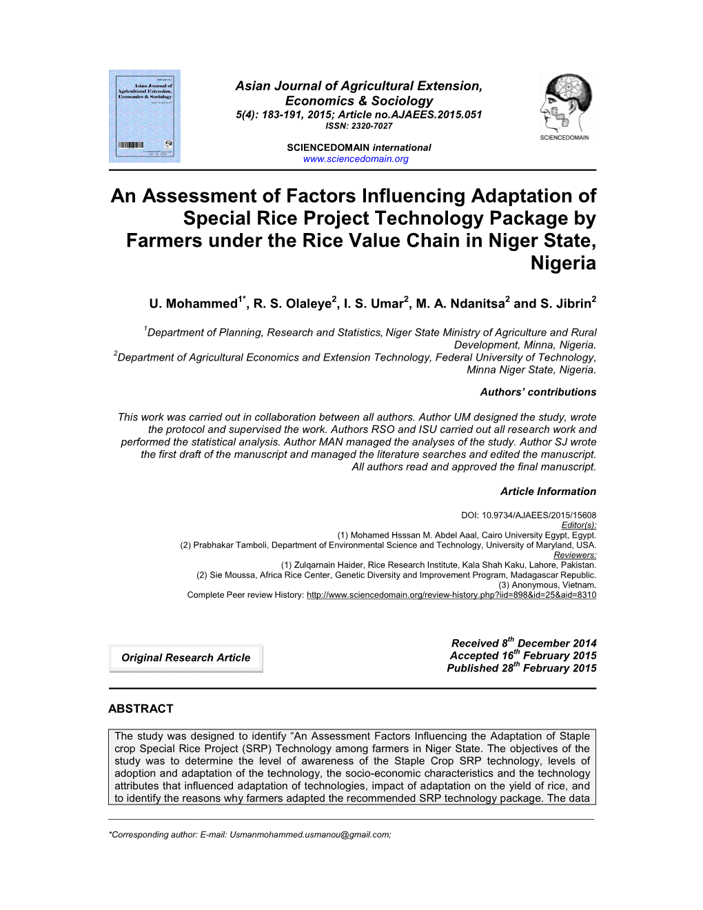 An Assessment of Factors Influencing Adaptation of Special Rice Project Technology Package by Farmers Under the Rice Value Chain in Niger State, Nigeria