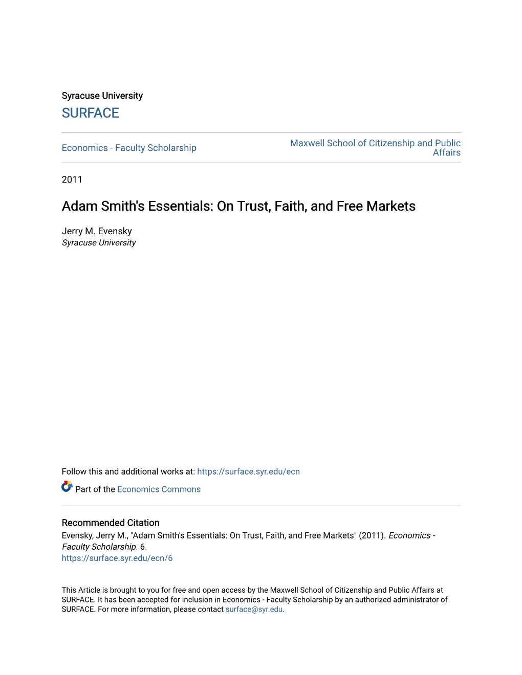Adam Smith's Essentials: on Trust, Faith, and Free Markets