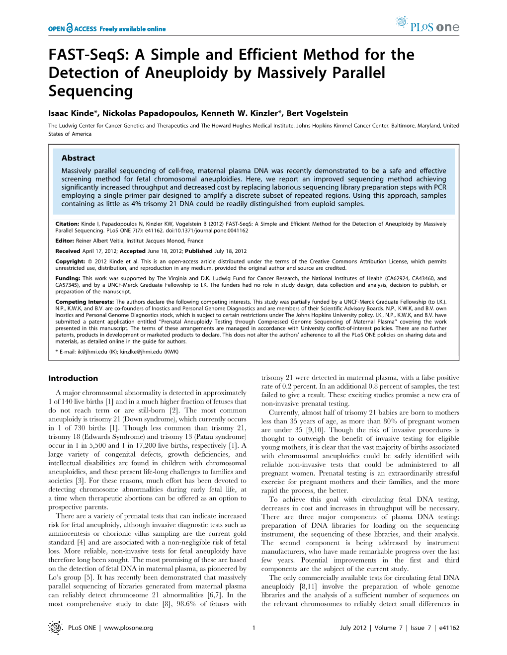 FAST-Seqs: a Simple and Efficient Method for the Detection of Aneuploidy by Massively Parallel Sequencing