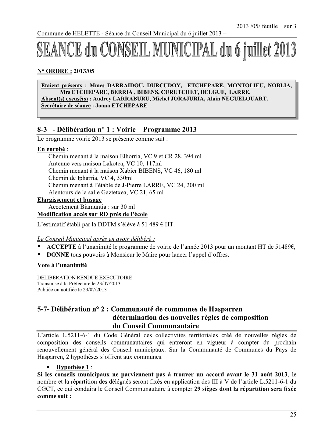 Réunion Du Conseil Municipal Du 25 Mai 2003-06-03