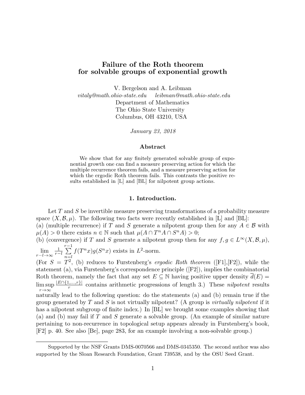 Failure of the Roth Theorem for Solvable Groups of Exponential Growth