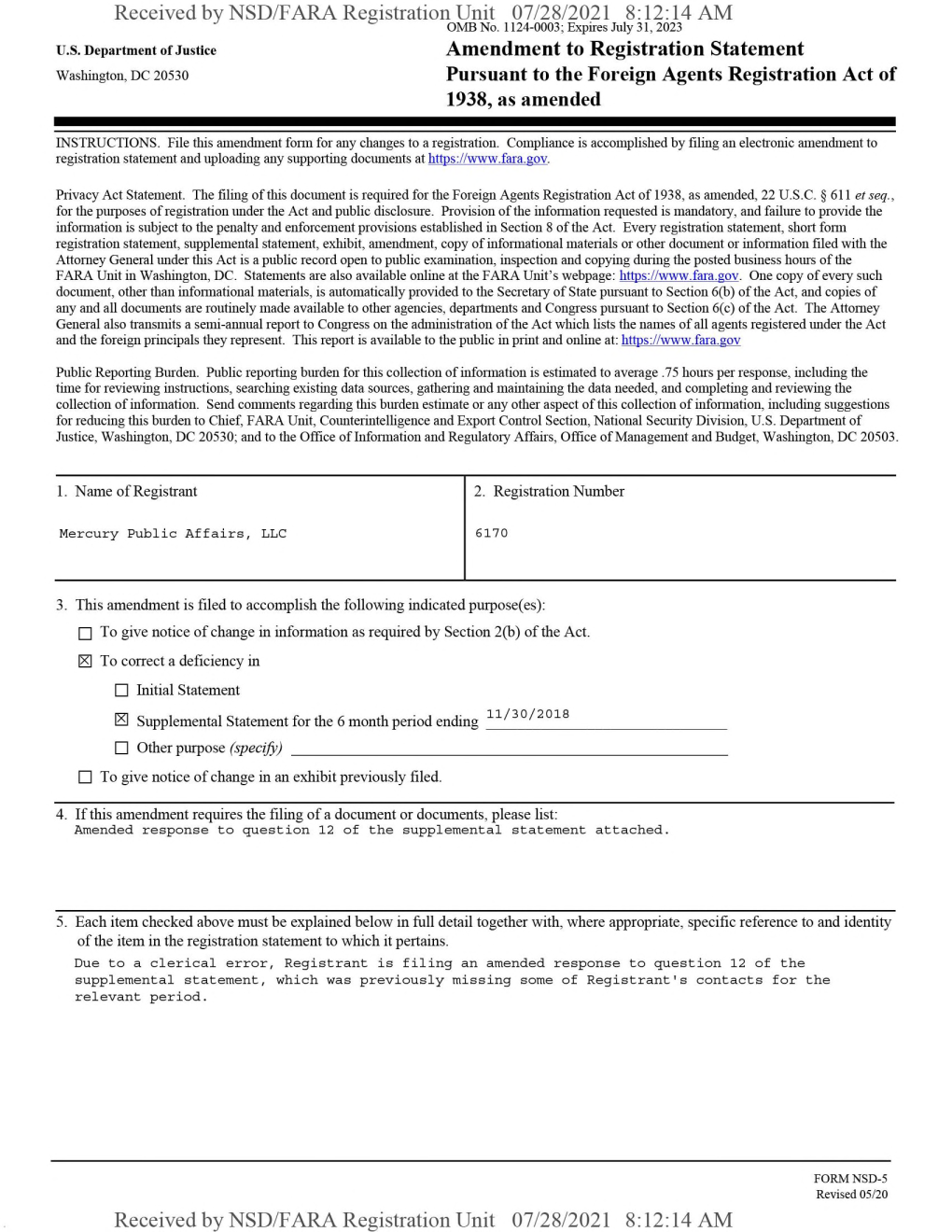 Amendment to Registration Statement Washington, Dc 20530 Pursuant to the Foreign Agents Registration Act of 1938, As Amended