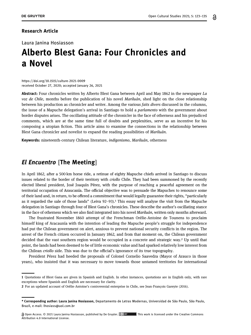 Alberto Blest Gana: Four Chronicles and a Novel
