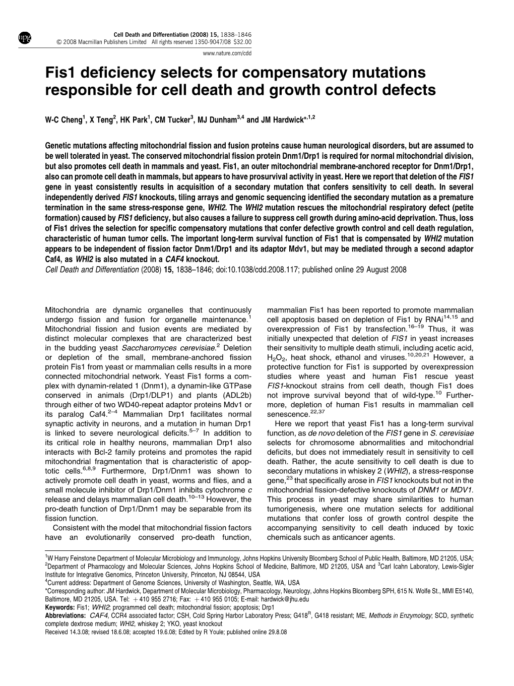 Fis1 Deficiency Selects for Compensatory Mutations Responsible for Cell Death and Growth Control Defects