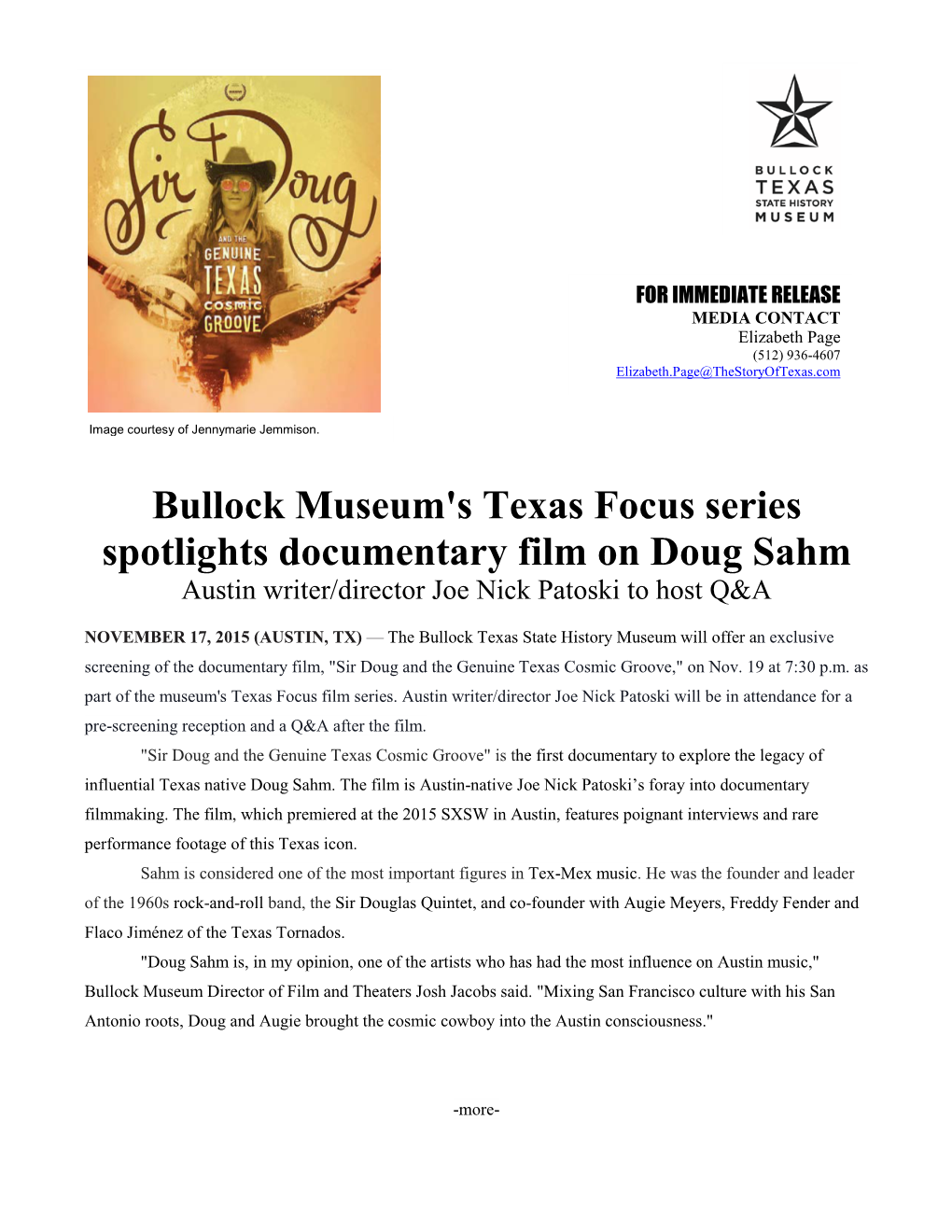 Bullock Museum's Texas Focus Series Spotlights Documentary Film on Doug Sahm Austin Writer/Director Joe Nick Patoski to Host Q&A