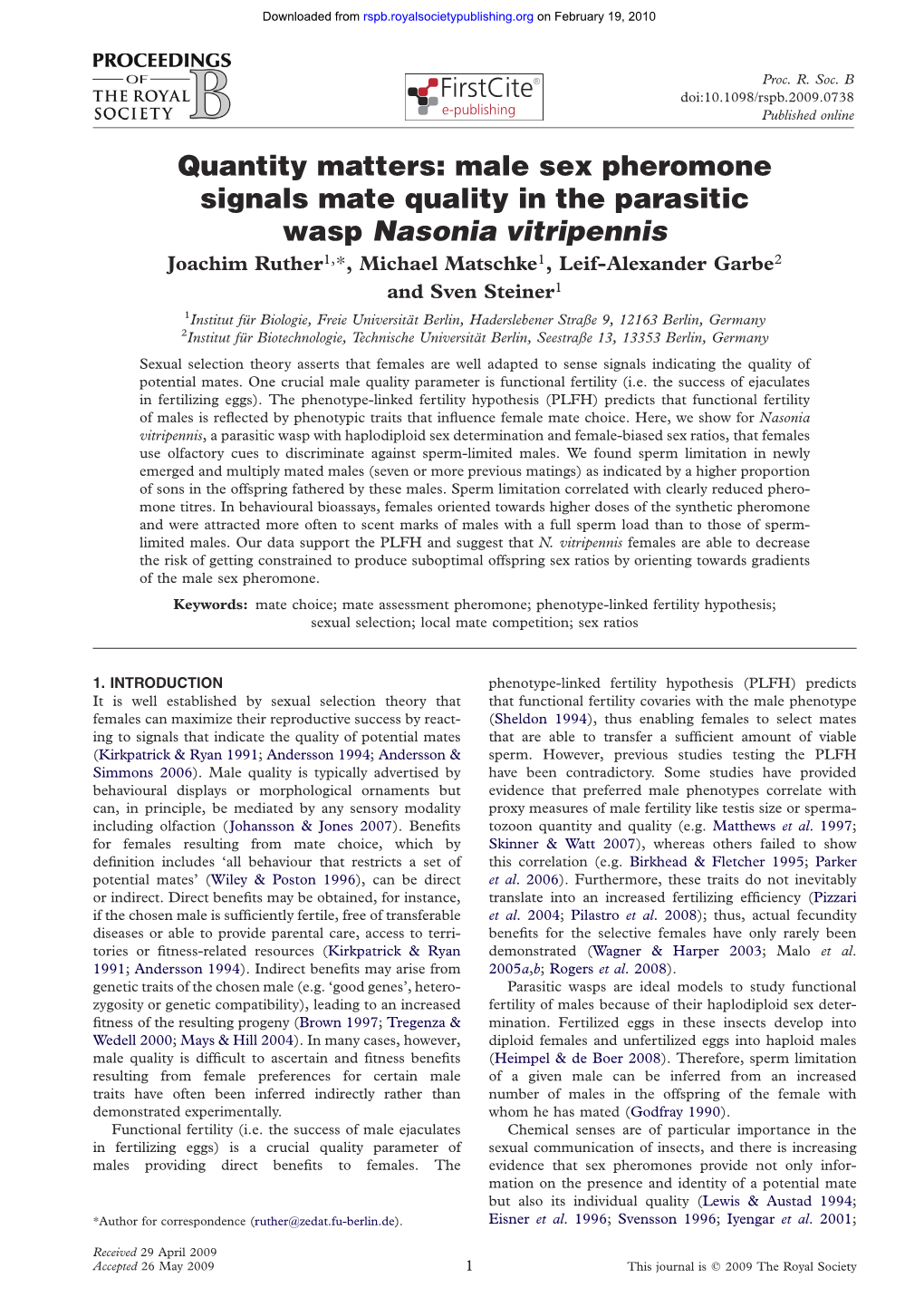 Quantity Matters: Male Sex Pheromone Signals Mate Quality in the Parasitic Wasp Nasonia Vitripennis