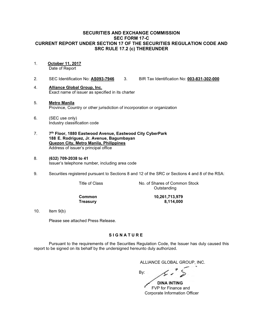 SECURITIES and EXCHANGE COMMISSION SEC FORM 17-C CURRENT REPORT UNDER SECTION 17 of the SECURITIES REGULATION CODE and SRC RULE 17.2 (C) THEREUNDER