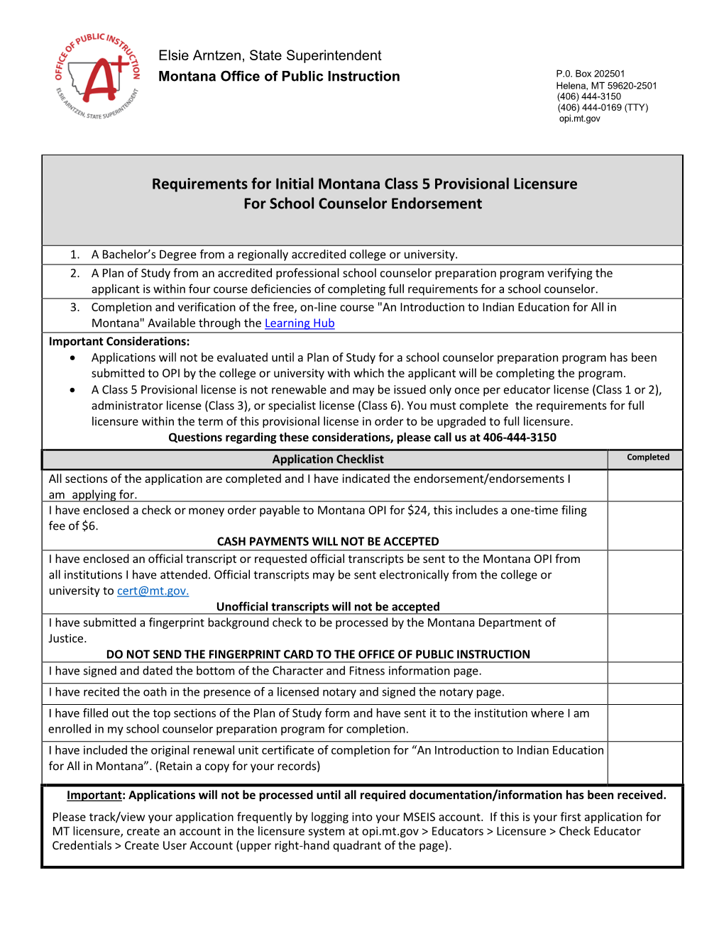 Requirements for Initial Montana Class 5 Provisional Licensure for School Counselor Endorsement