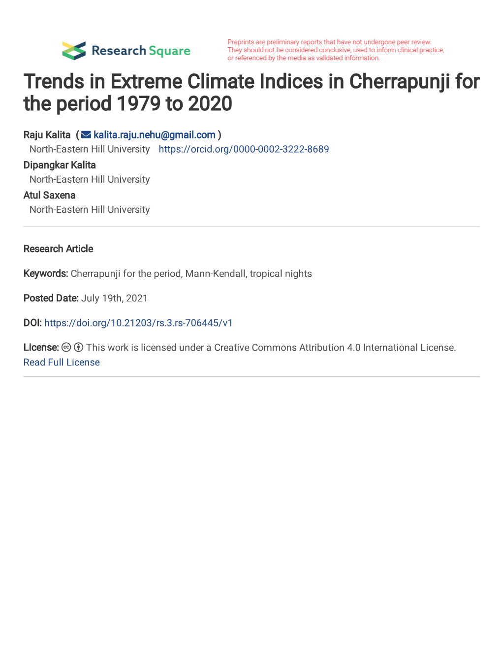 Trends in Extreme Climate Indices in Cherrapunji for the Period 1979 to 2020