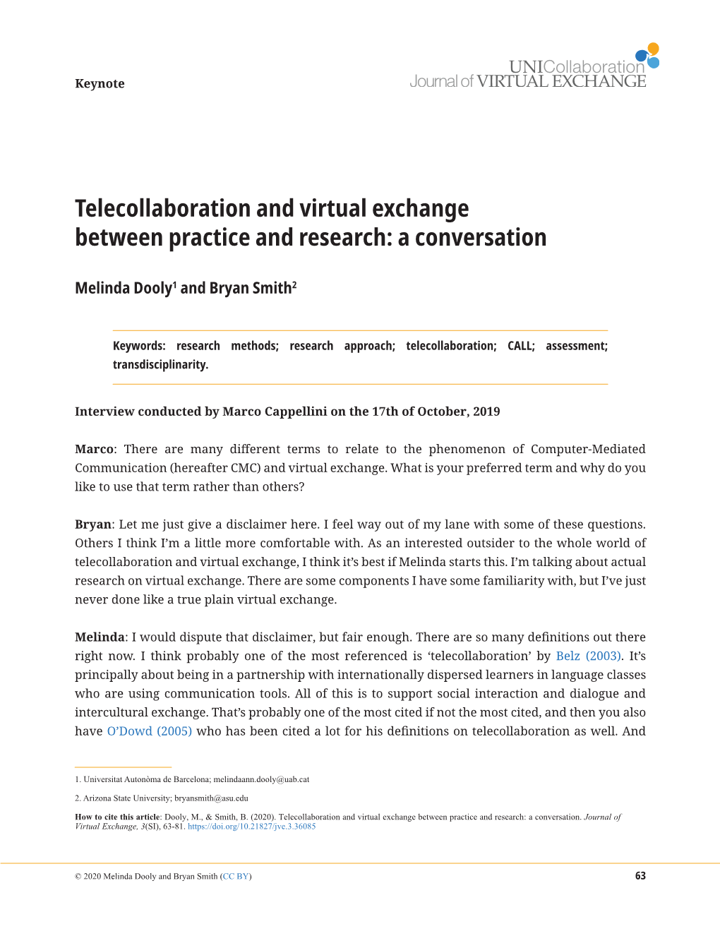 Telecollaboration and Virtual Exchange Between Practice and Research: a Conversation