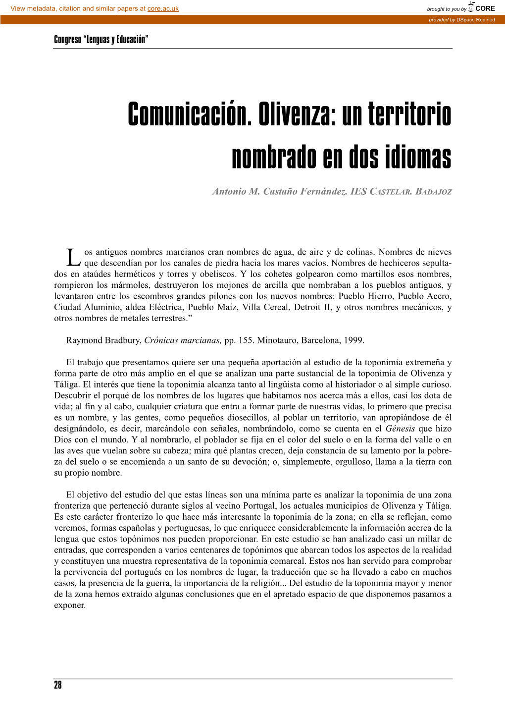 Comunicación. Olivenza: Un Territorio Nombrado En Dos Idiomas