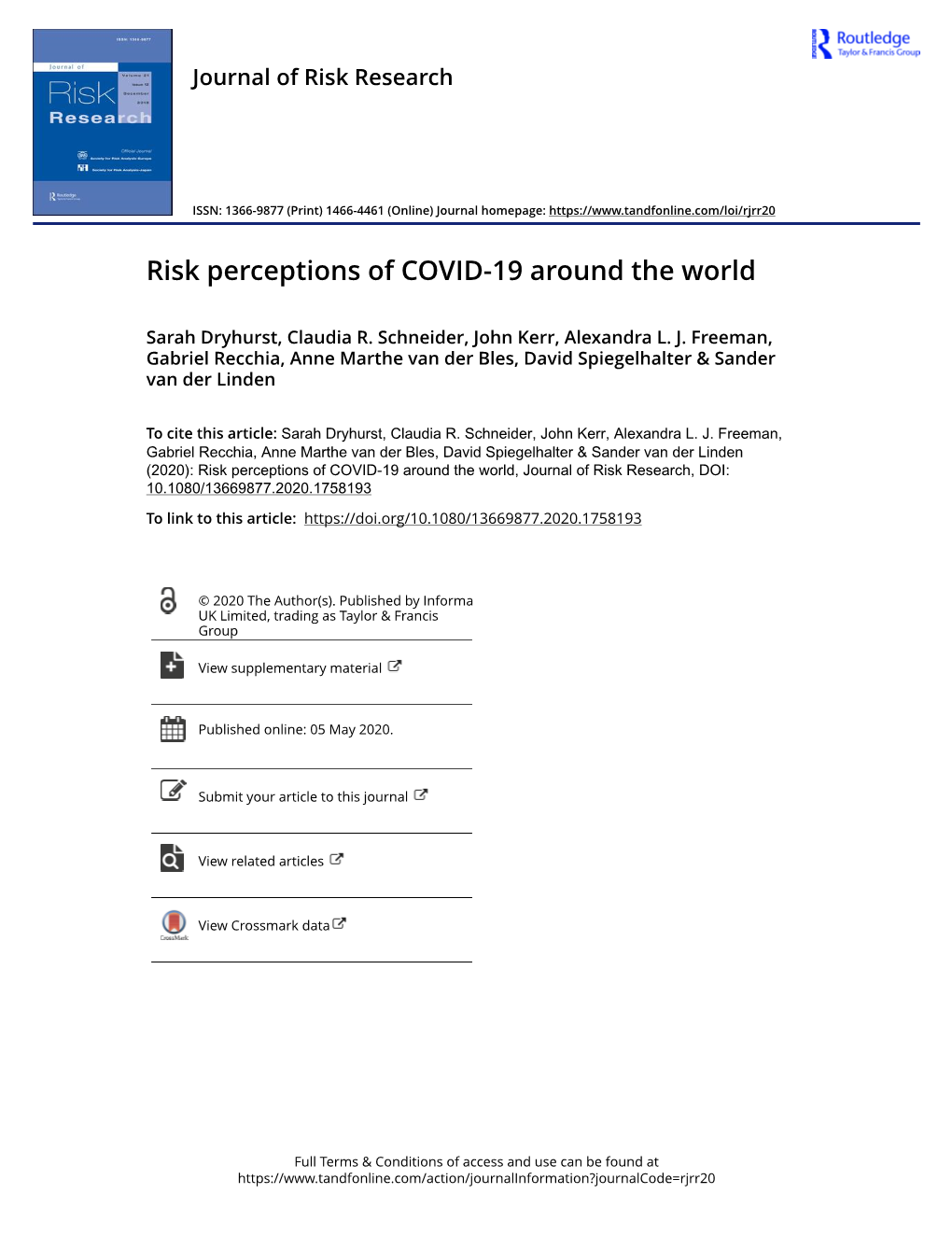 Risk Perceptions of COVID-19 Around the World