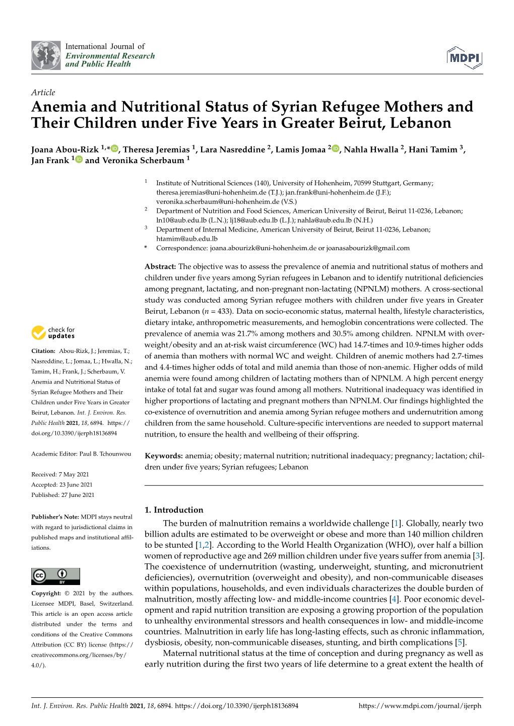 Anemia and Nutritional Status of Syrian Refugee Mothers and Their Children Under Five Years in Greater Beirut, Lebanon