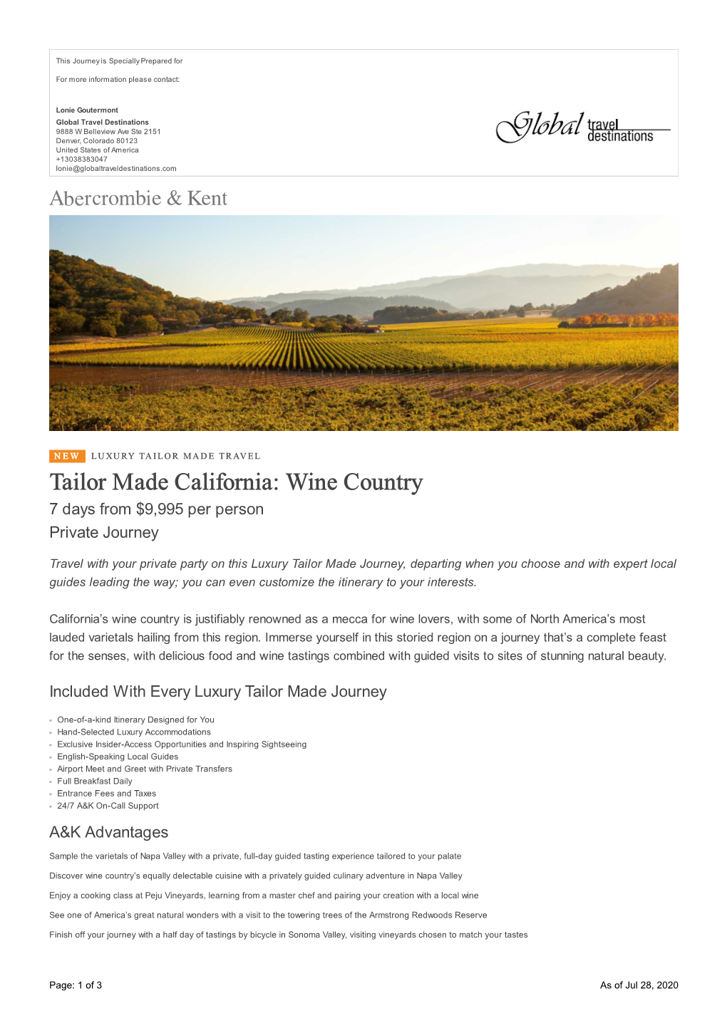 Tailor Made California: Wine Country 7 Days from $9,995 Per Person Private Journey