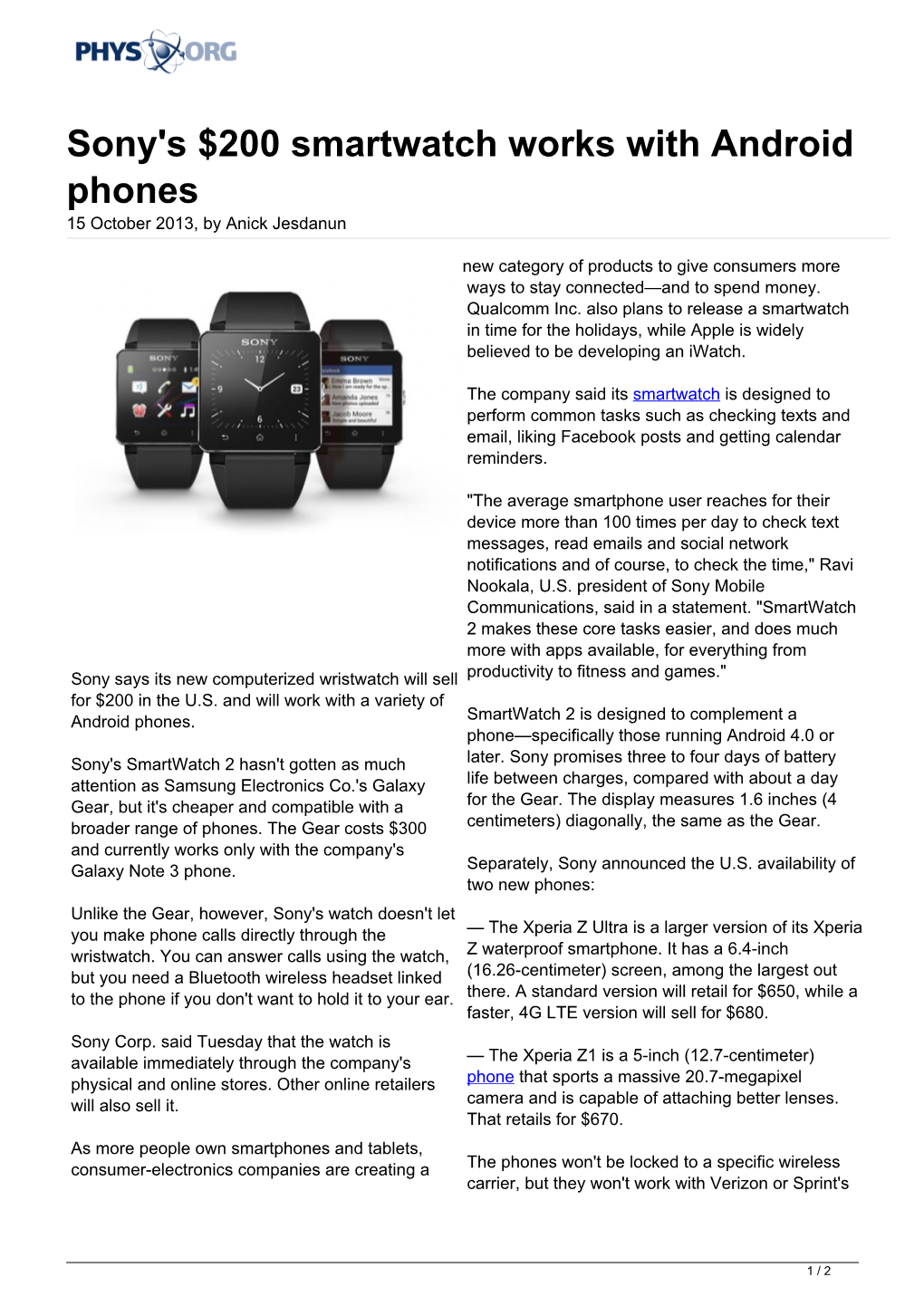 Sony's $200 Smartwatch Works with Android Phones 15 October 2013, by Anick Jesdanun