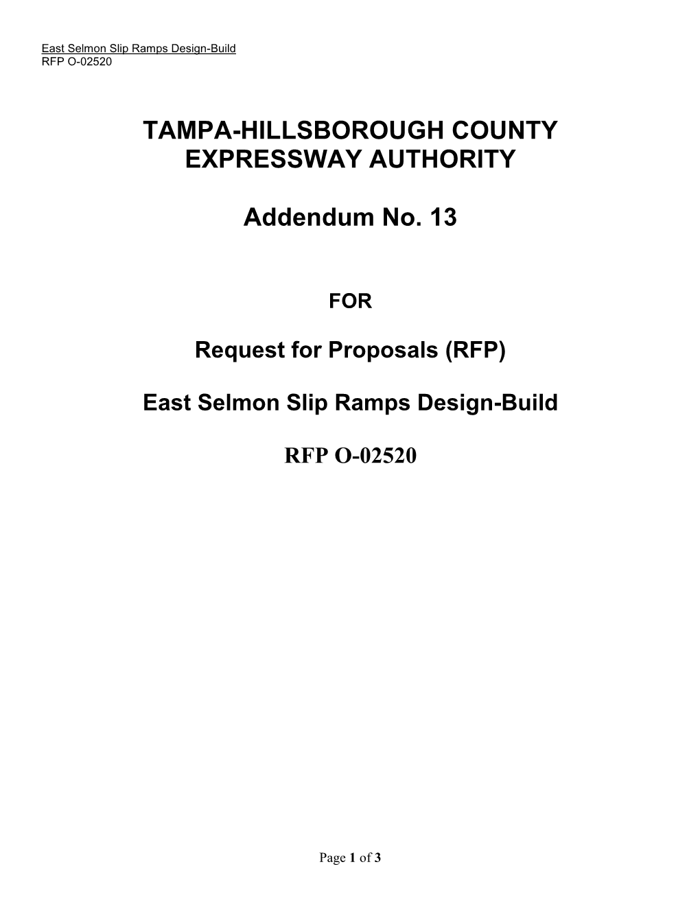 TAMPA-HILLSBOROUGH COUNTY EXPRESSWAY AUTHORITY Addendum No. 13