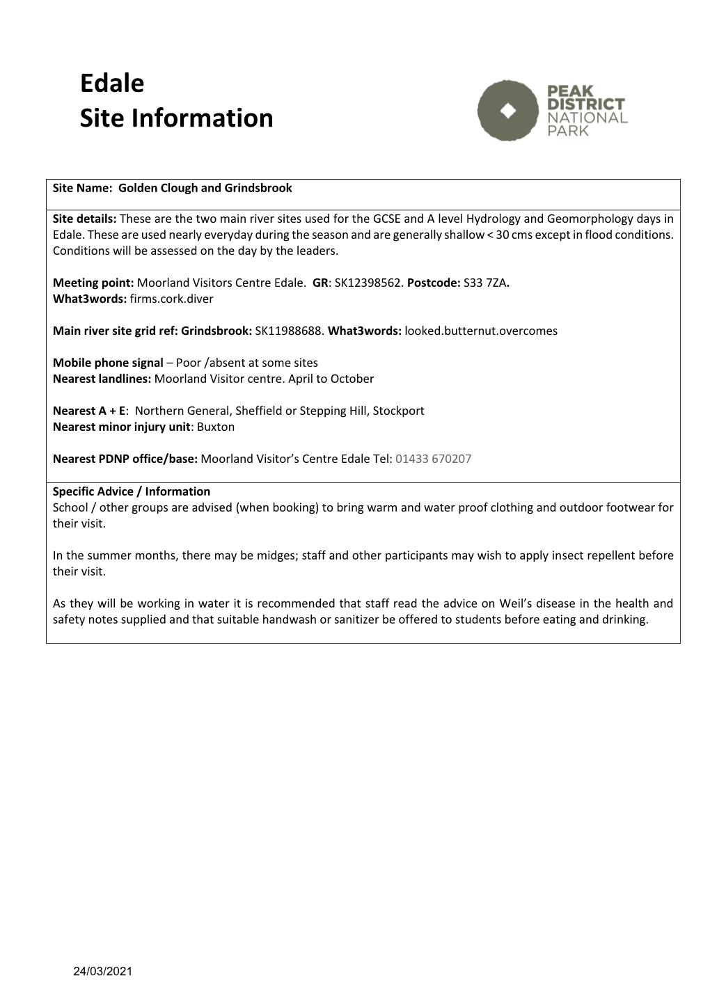 Edale Site Information