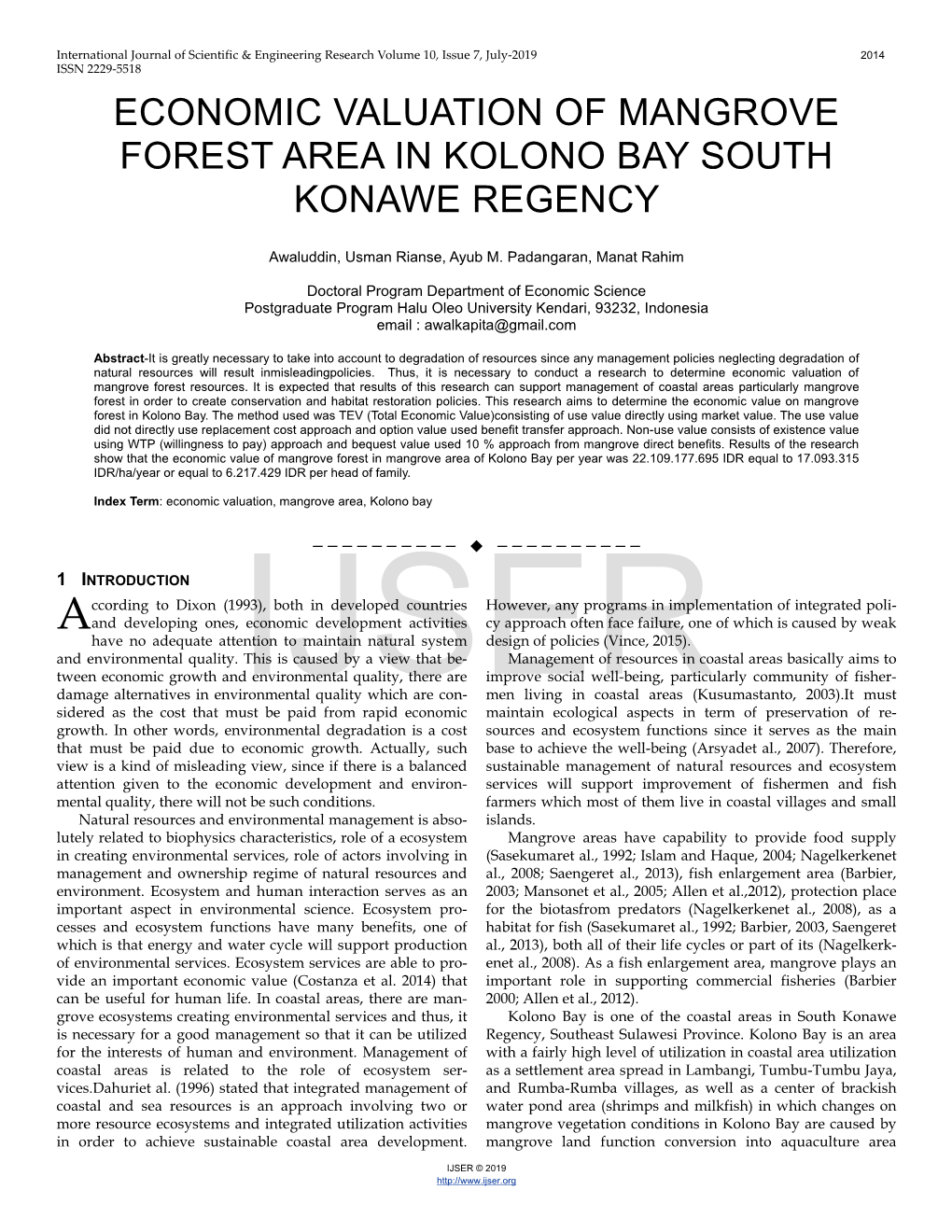 Economic Valuation of Mangrove Forest Area in Kolono Bay South Konawe Regency