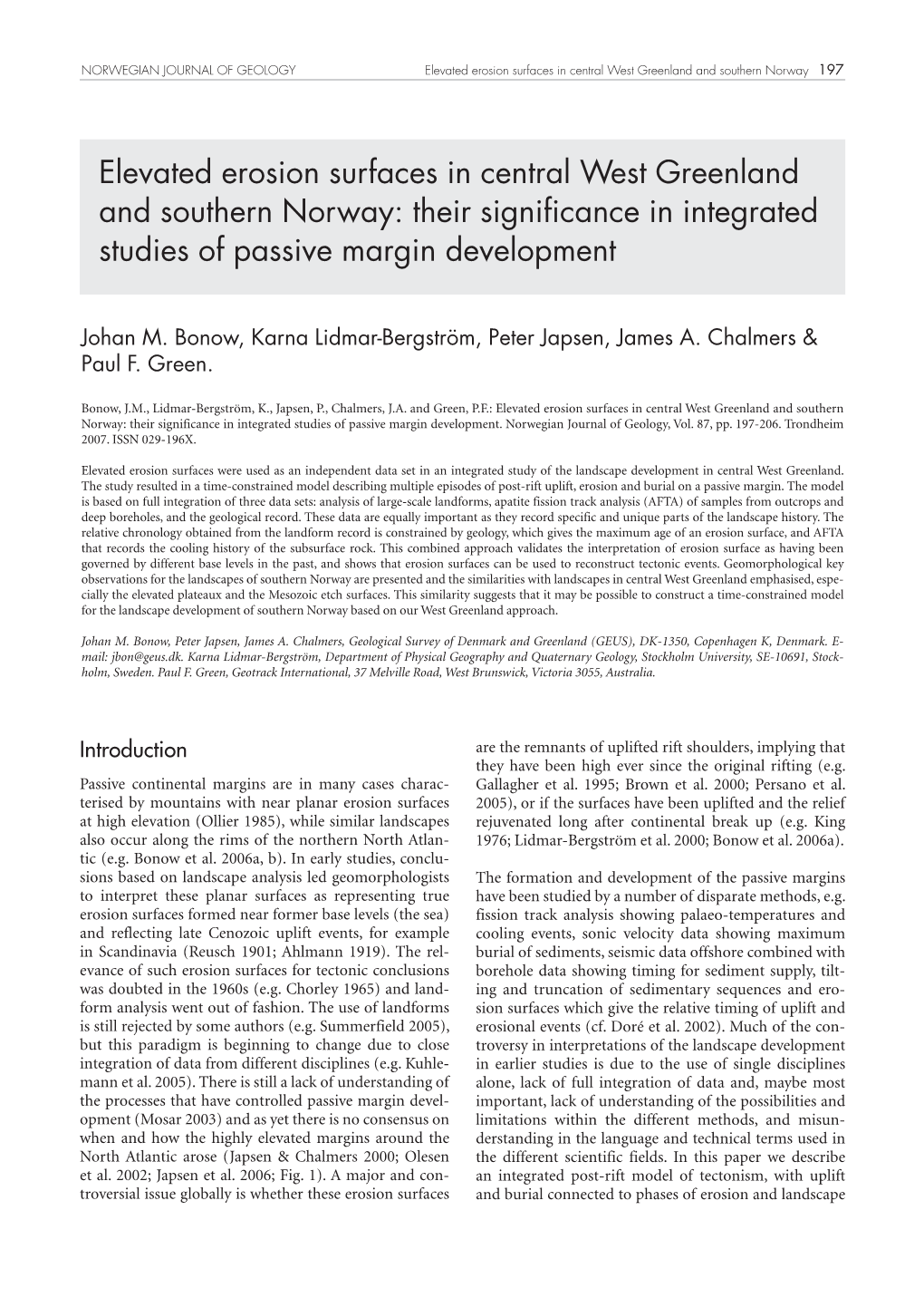 Elevated Erosion Surfaces in Central West Greenland and Southern Norway 197