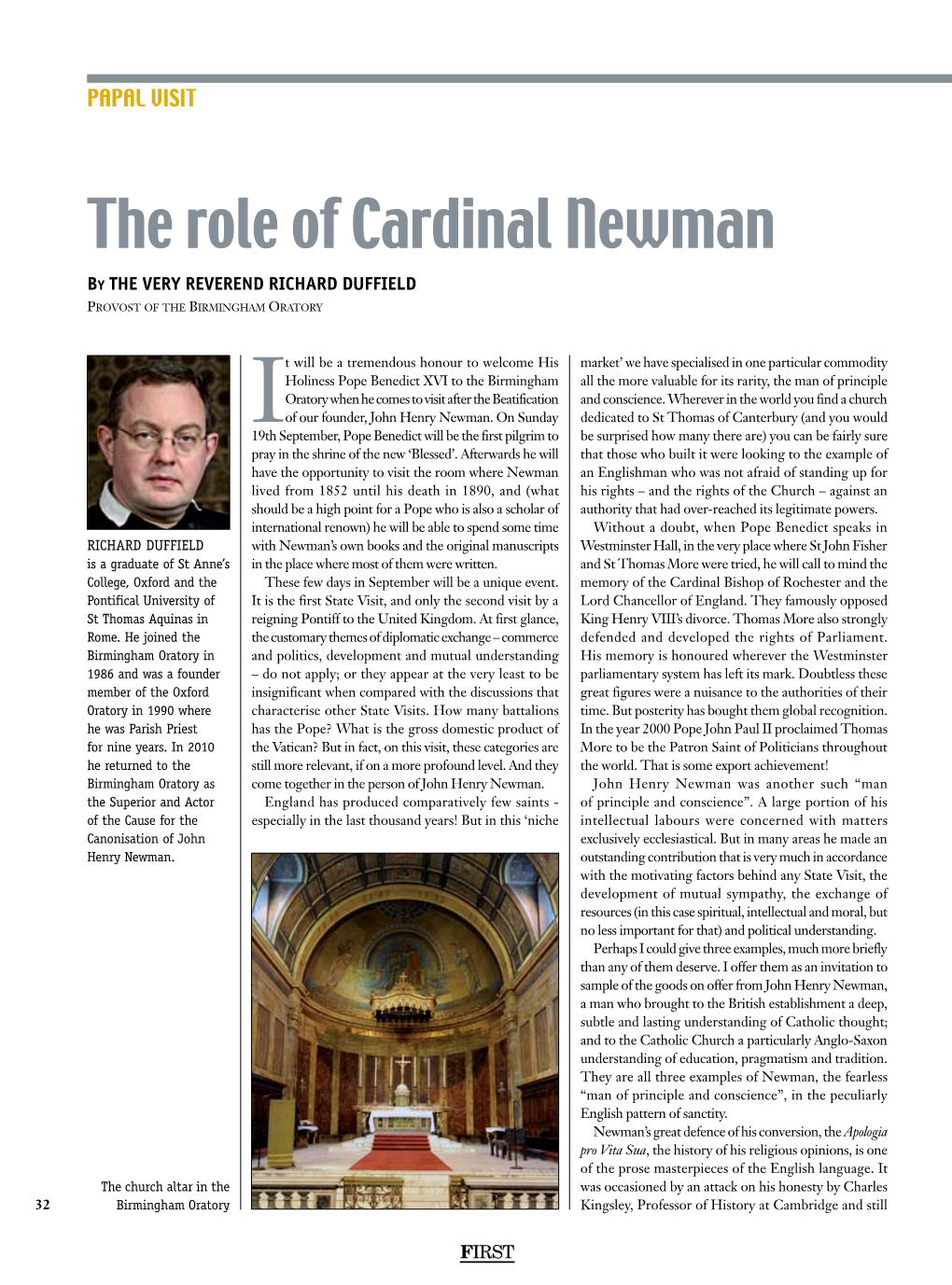 The Role of Cardinal Newman by the Very Reverend Richard Duffield Provost of the Birmingham Oratory