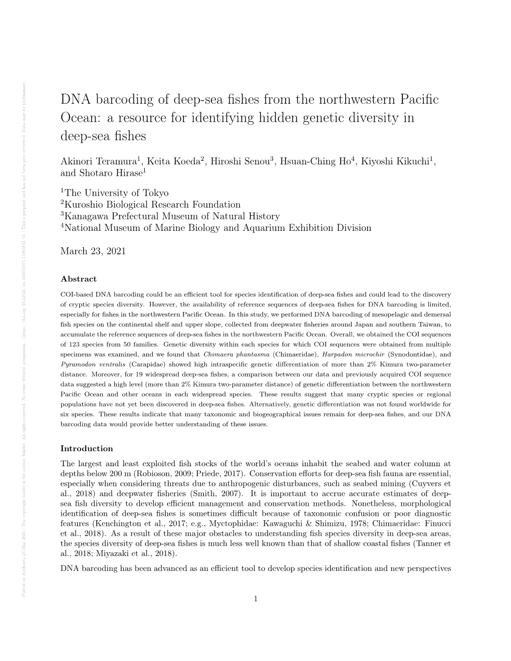 DNA Barcoding of Deep-Sea Fishes from the Northwestern Pacific Ocean