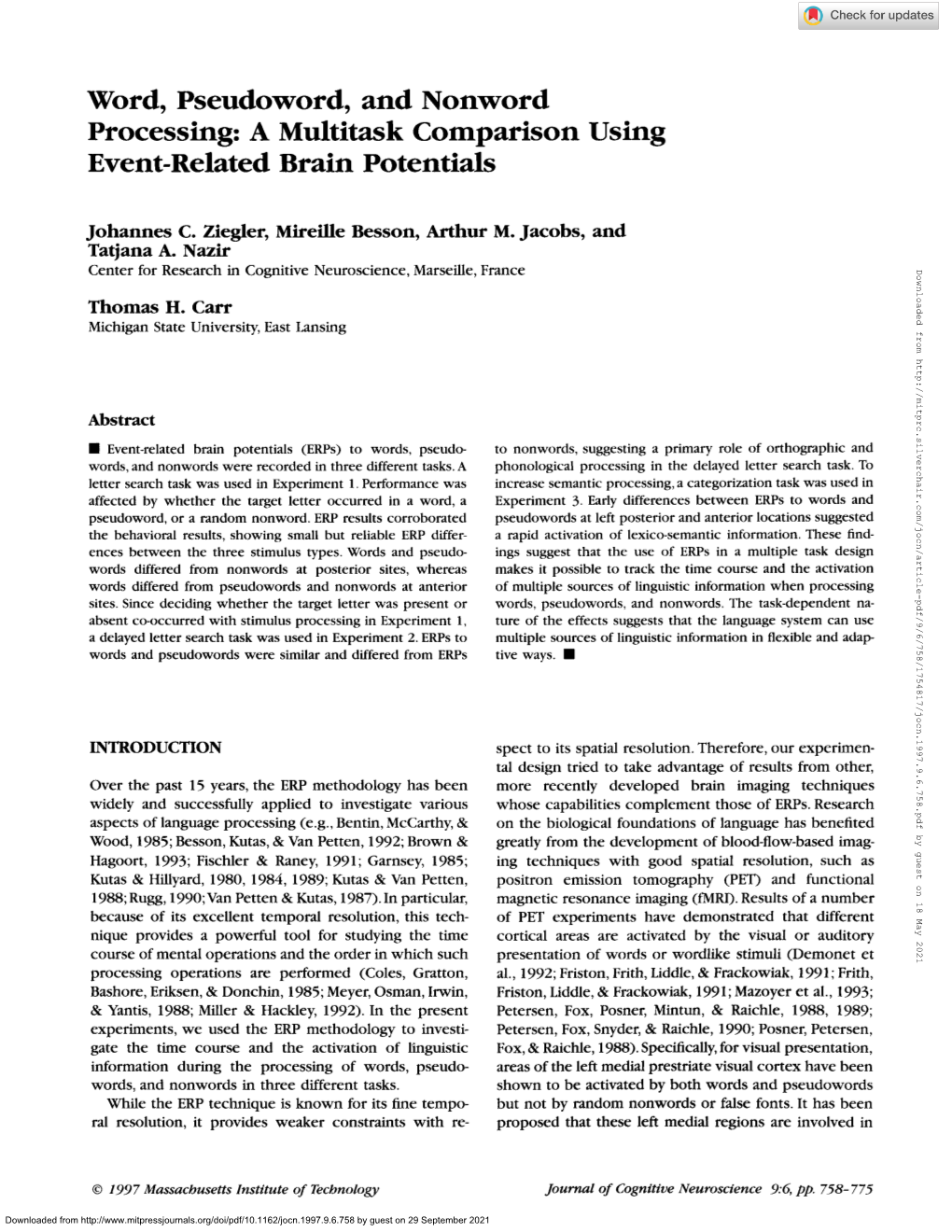 Word, Pseudoword, and Nonword Processing: a Multitask Comparison Using Event-Related Brain Potentials