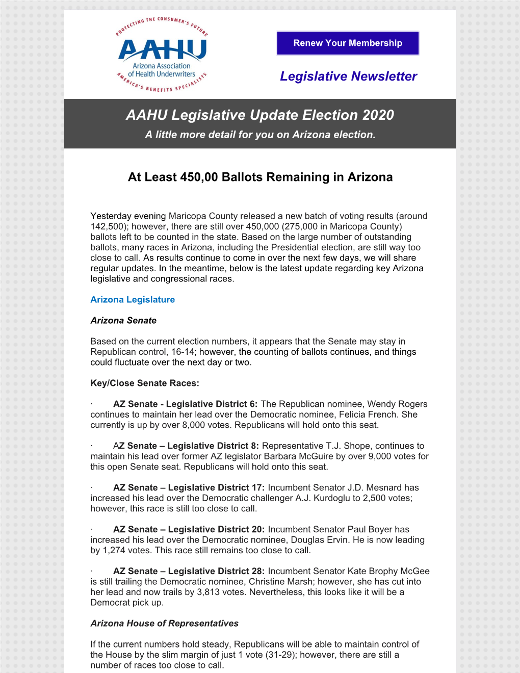 AAHU Legislative Update Election 2020 a Little More Detail for You on Arizona Election