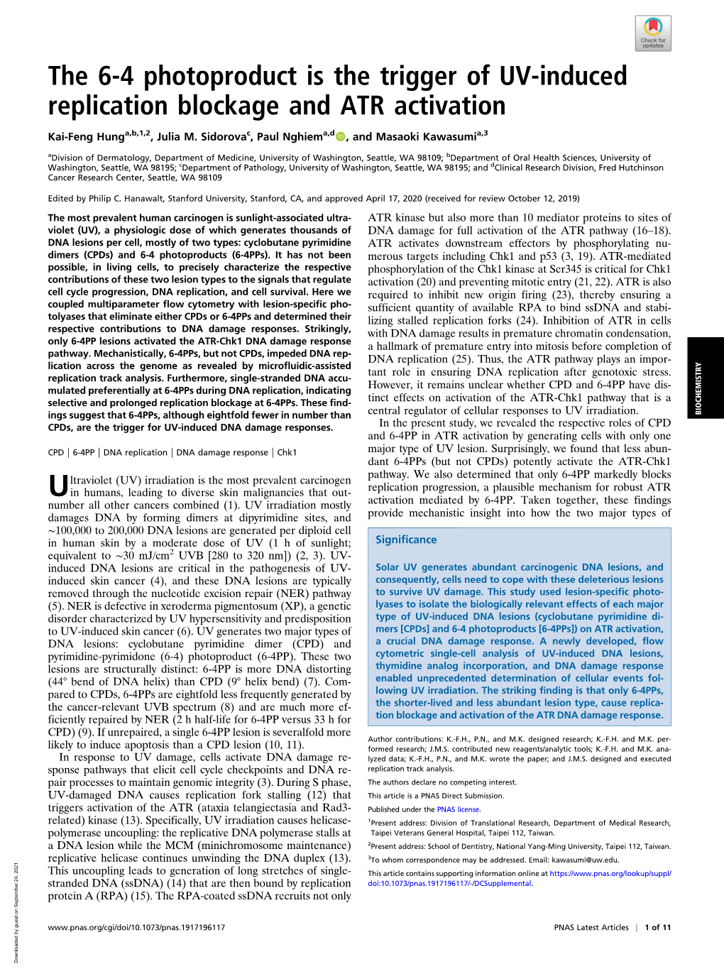 The 6-4 Photoproduct Is the Trigger of UV-Induced Replication Blockage and ATR Activation