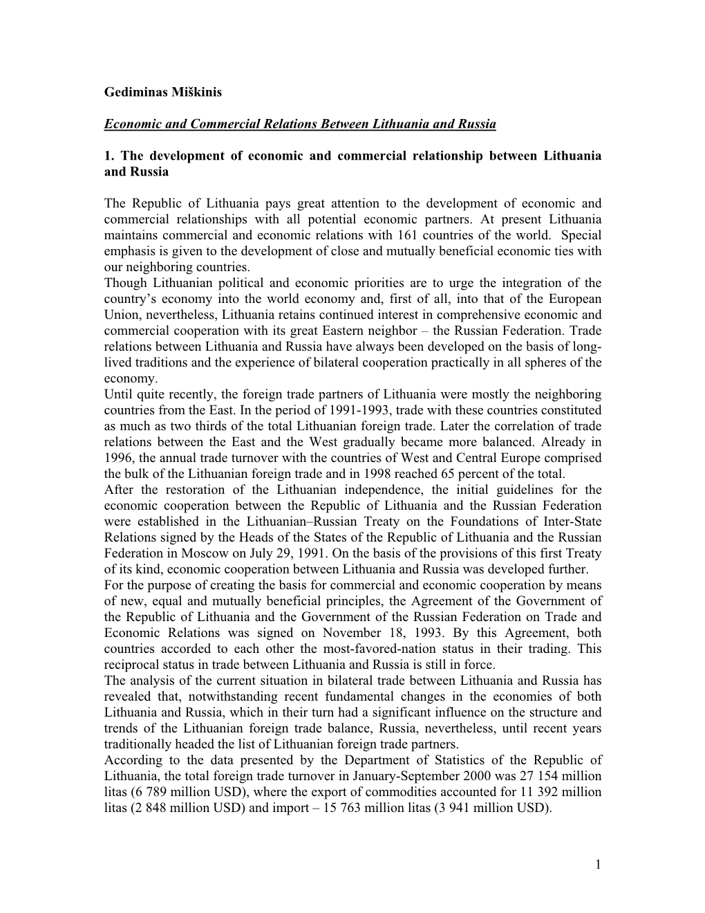 Economic and Commercial Relations Between Lithuania and Russia