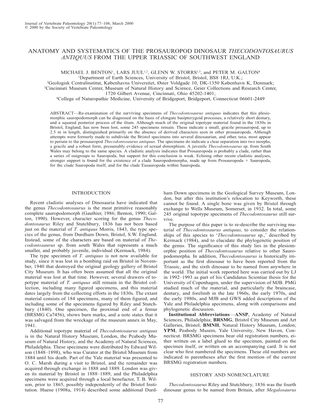 Anatomy and Systematics of the Prosauropod Dinosaur Thecodontosaurus Antiquus from the Upper Triassic of Southwest England