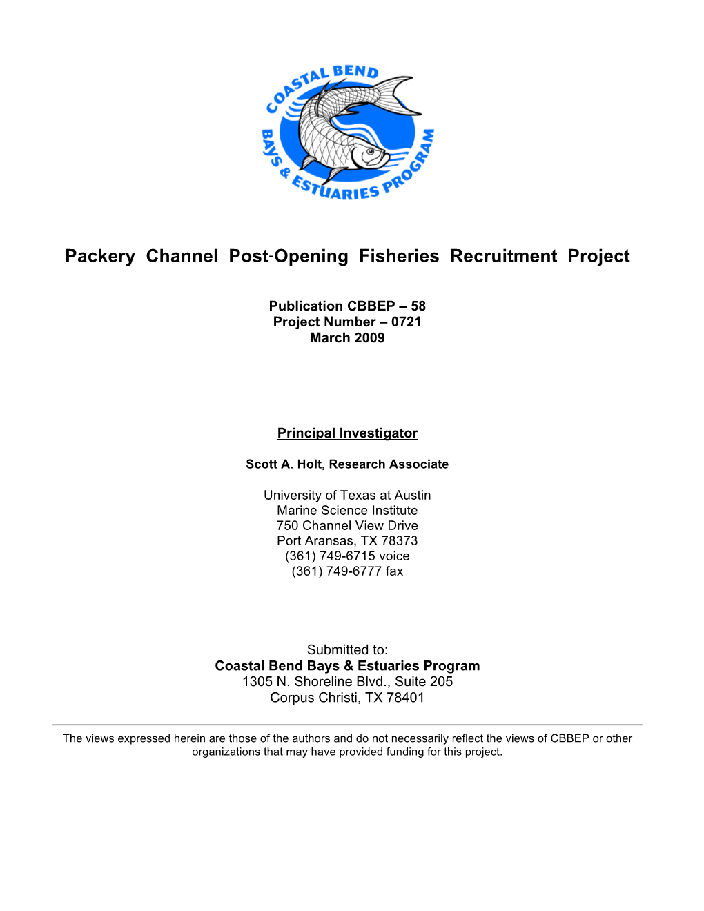 Packery Channel Post-Opening Fisheries Recruitment Assessment