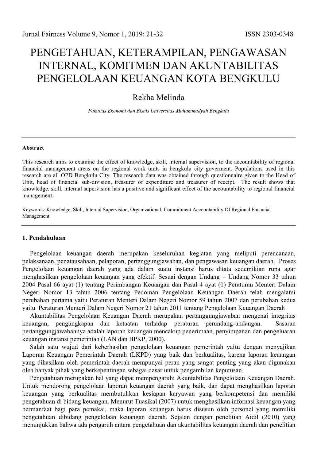 Pengetahuan, Keterampilan, Pengawasan Internal, Komitmen Dan Akuntabilitas Pengelolaan Keuangan Kota Bengkulu