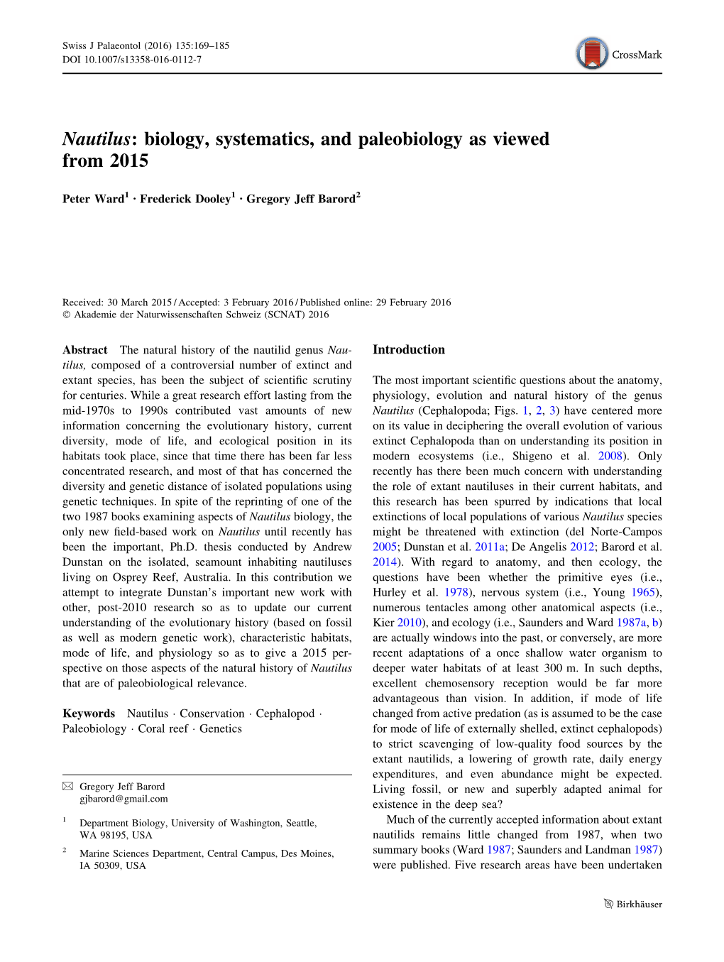 Nautilus: Biology, Systematics, and Paleobiology As Viewed from 2015