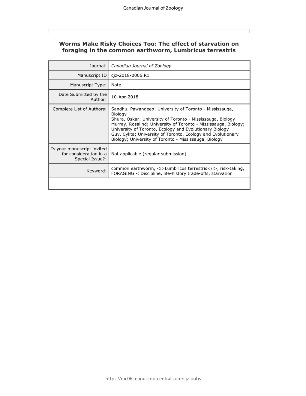 The Effect of Starvation on Foraging in the Common Earthworm, Lumbricus Terrestris