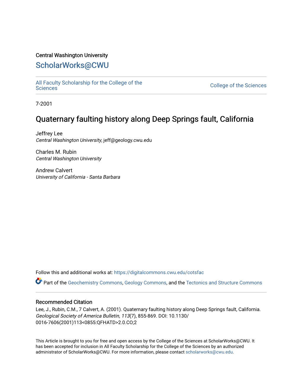 Quaternary Faulting History Along Deep Springs Fault, California