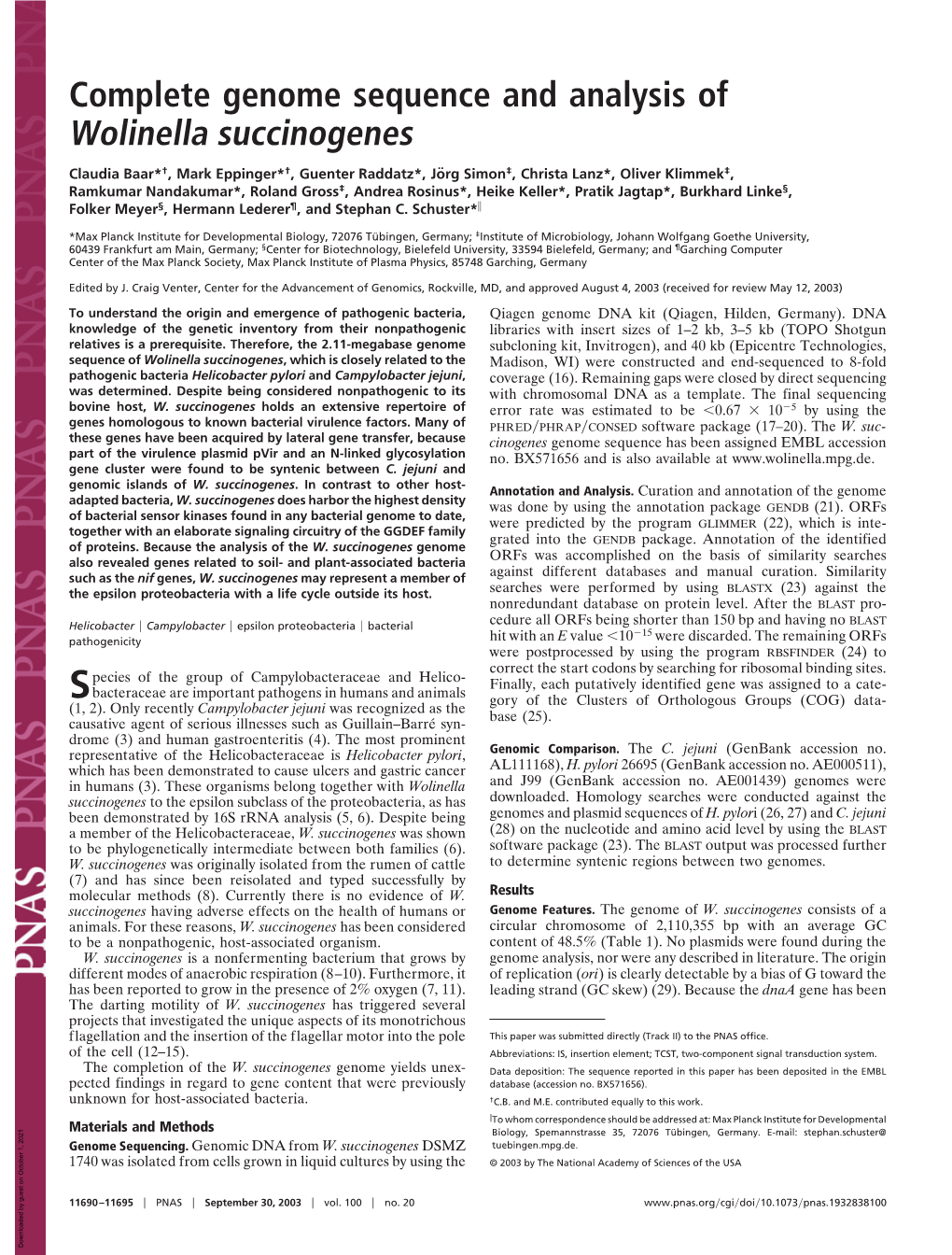 Complete Genome Sequence and Analysis of Wolinella Succinogenes