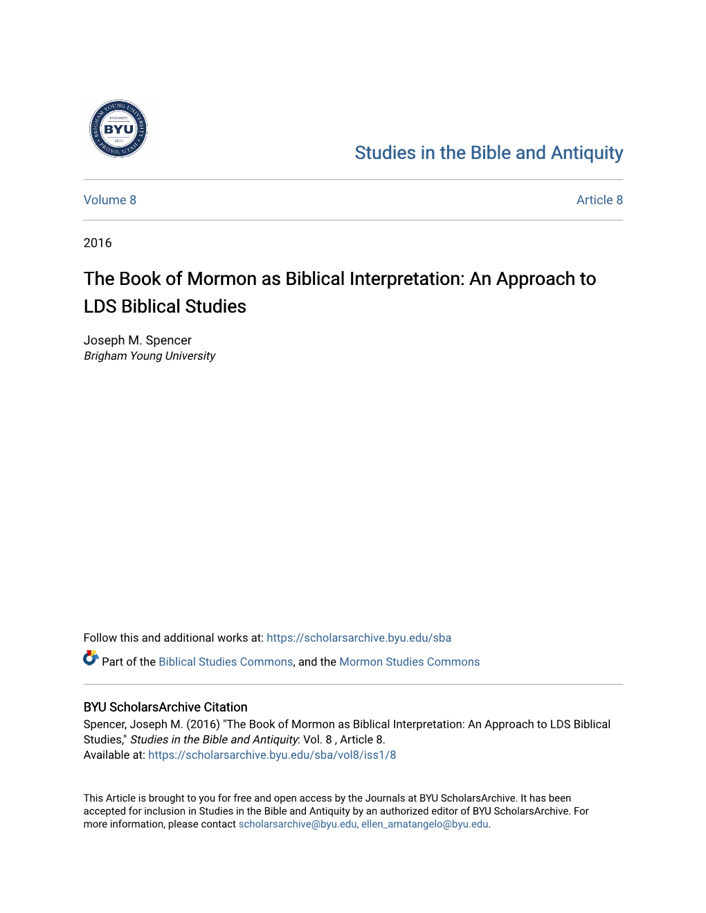 The Book of Mormon As Biblical Interpretation: an Approach to LDS Biblical Studies