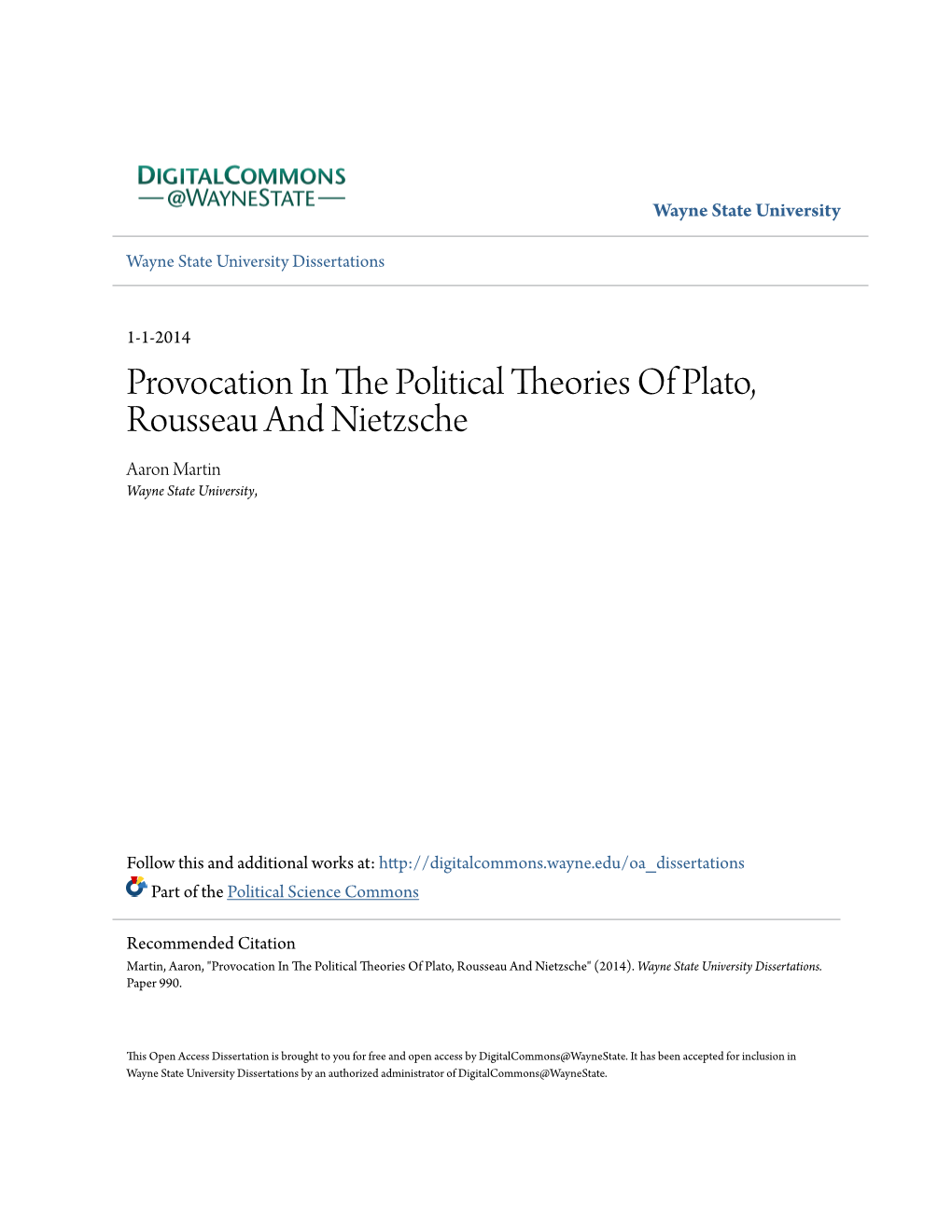 Provocation in the Political Theories of Plato, Rousseau and Nietzsche