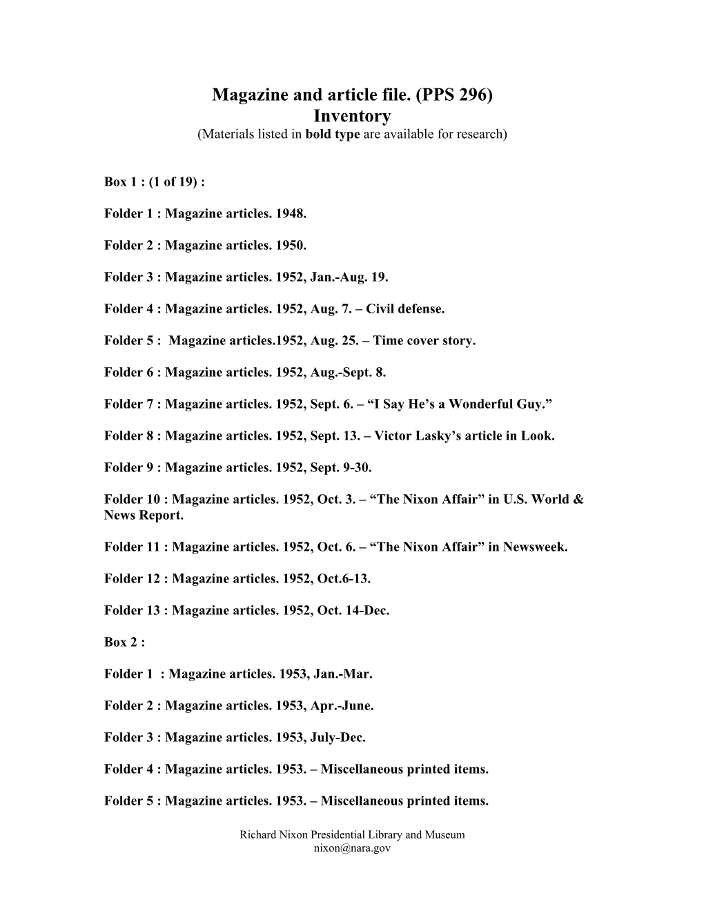 Inventory of Magazine and Article File Collection