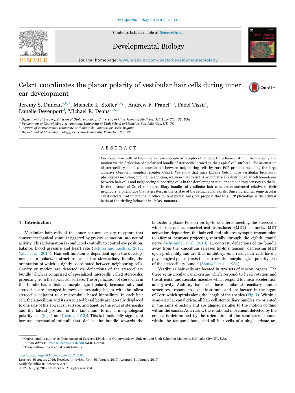 Celsr1 Coordinates the Planar Polarity of Vestibular Hair Cells During Inner MARK Ear Development