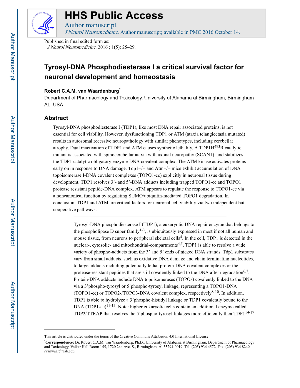 Tyrosyl-DNA Phosphodiesterase I a Critical Survival Factor for Neuronal Development and Homeostasis