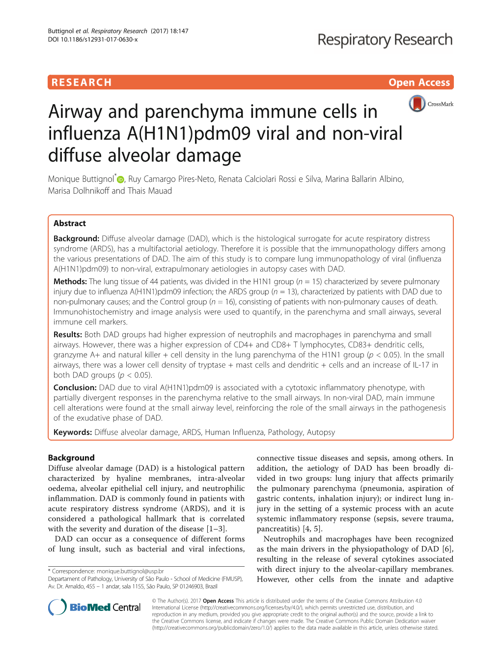 Airway and Parenchyma Immune Cells in Influenza A(H1N1)Pdm09 Viral and Non-Viral Diffuse Alveolar Damage