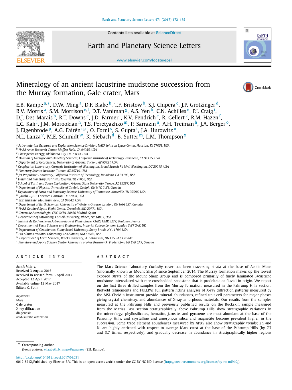 Mineralogy of an Ancient Lacustrine Mudstone Succession from the Murray Formation, Gale Crater, Mars ∗ E.B