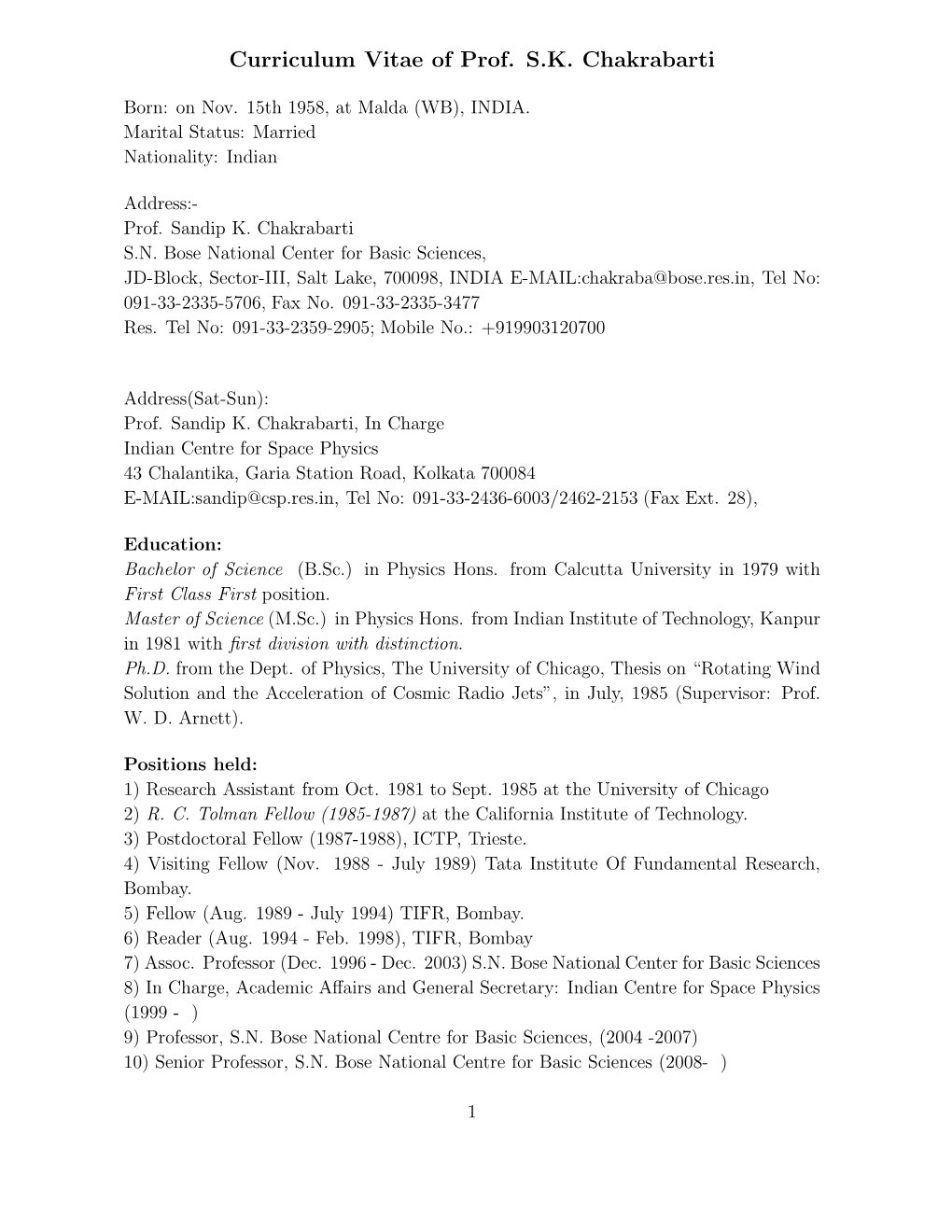 Curriculum Vitae of Prof. S.K. Chakrabarti