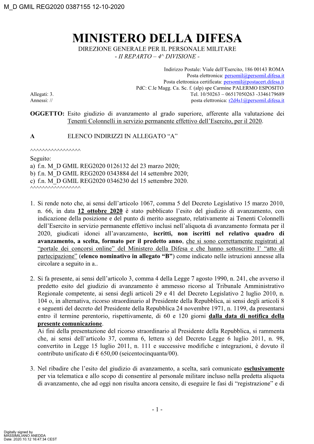 Ottobre 14 2020 Pubblicazione Esito Giudizio Di Avanzamento Deitenenti Colonnelli Dell EI 2020.Pdf