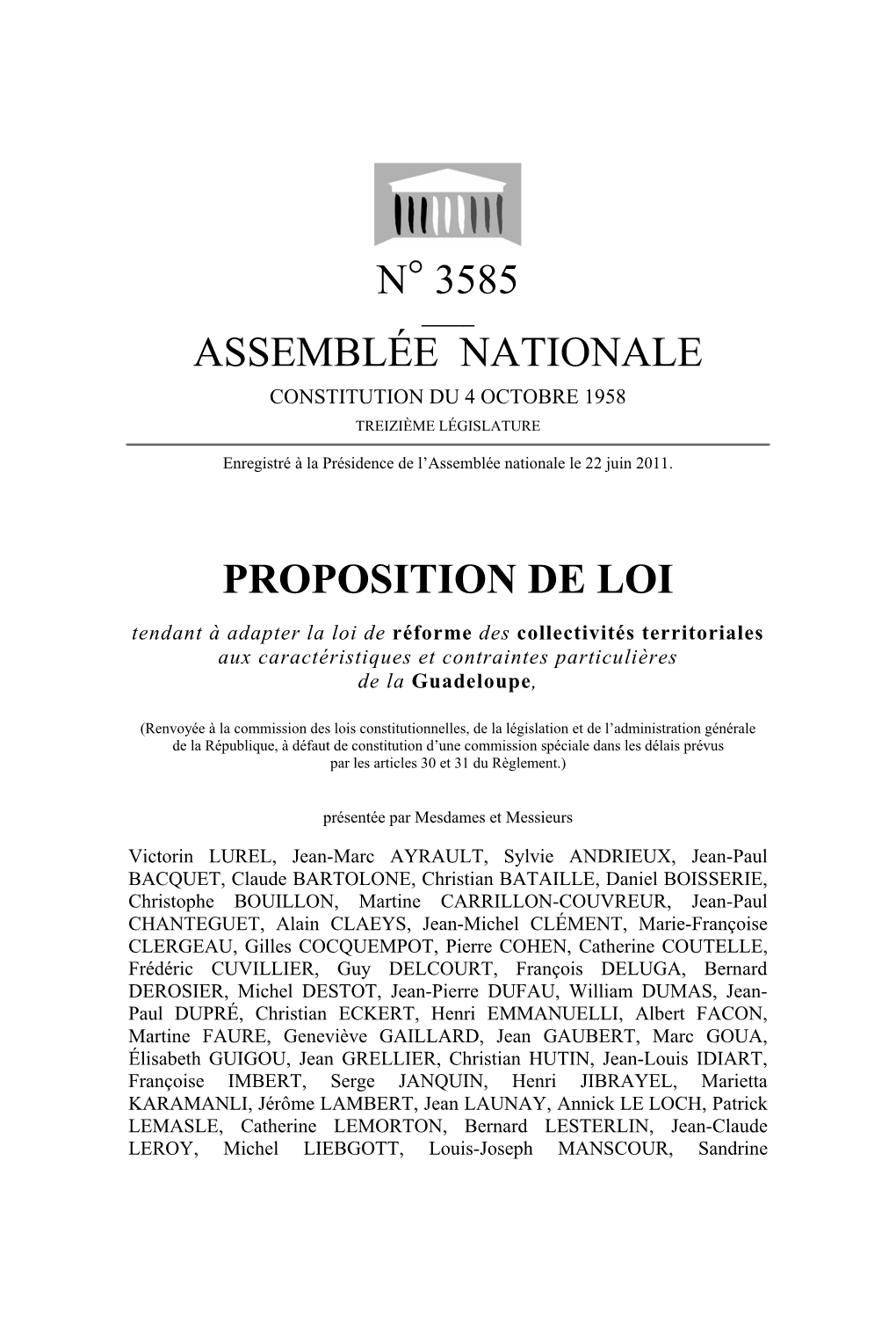 N° 3585 Assemblée Nationale Proposition De
